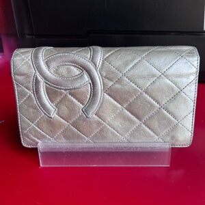 CHANEL Cambon Quilted Metallic Silver Long Bifold Wallet w/ COA in EUC